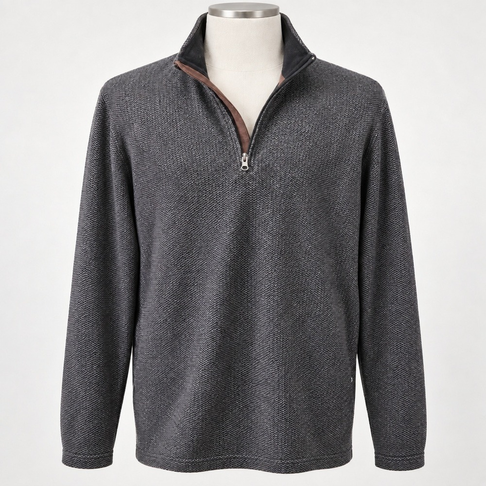 Chaps Mens Grey Herringbone Quarter Zip Pullover Sweater Mock Neck Size Large
